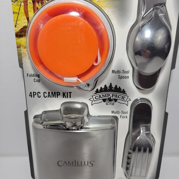 Camillus 4pc Camping multi-tool fork folding cup and stainless steel flask Set - Picture 2 of 6